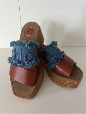 Chloe Blue Denim Fringe & Brown Leather Wedge Sandals